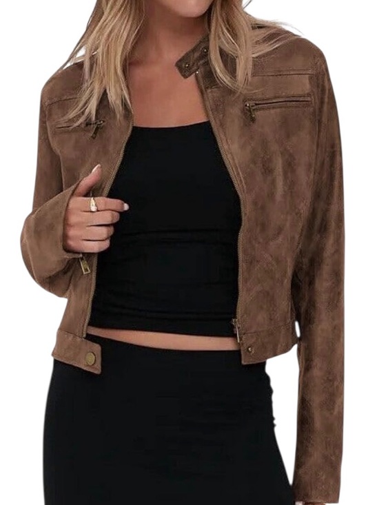 ONEDREAMER Women's Faux Leather Cropped Jacket Motorcycle Short Coat BROWN L - Picture 2 of 12